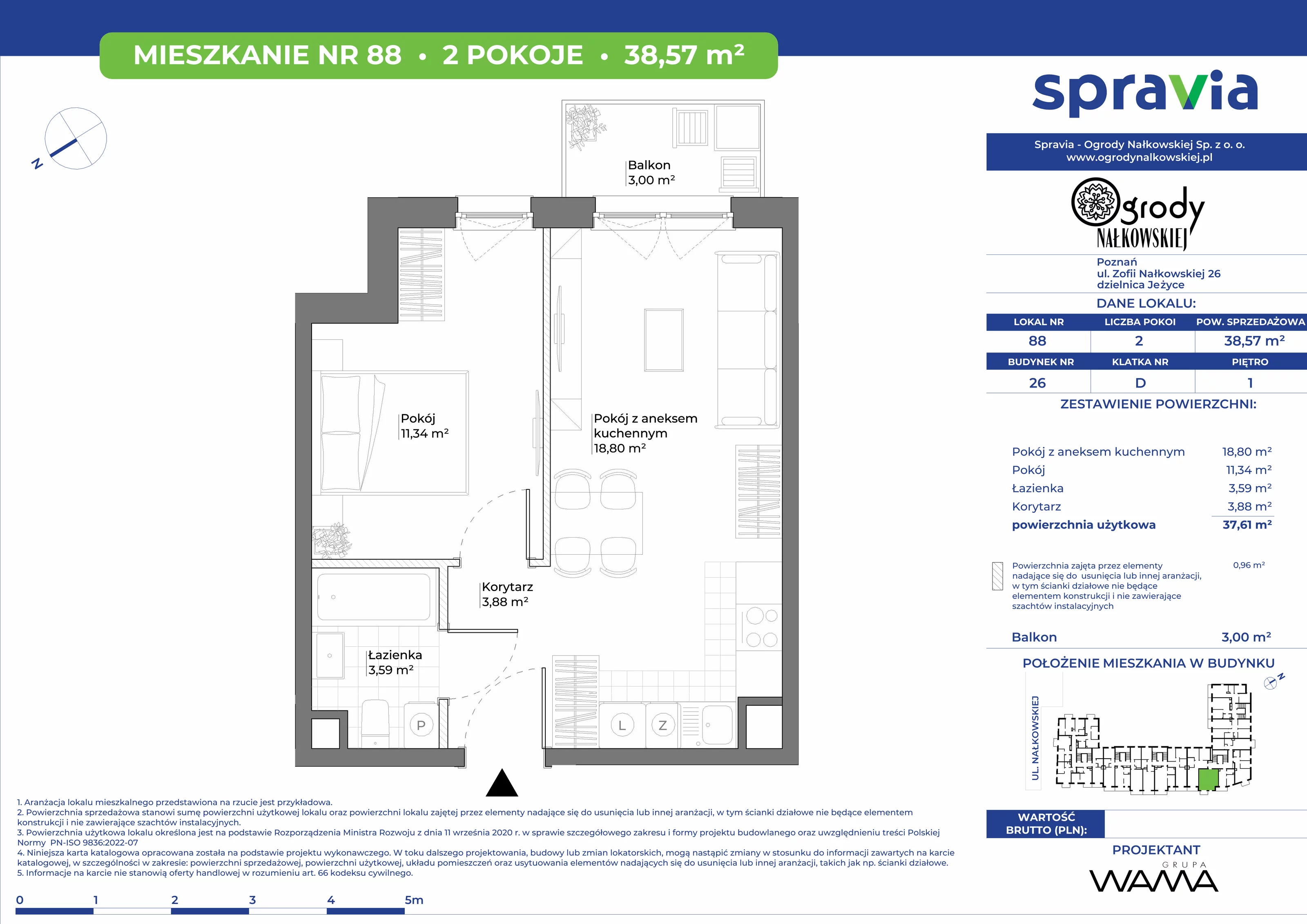 2 pokoje, mieszkanie 38,57 m², piętro 1, oferta nr 26-88, Ogrody Nałkowskiej, Poznań, Ogrody, ul. Nałkowskiej 24, 26